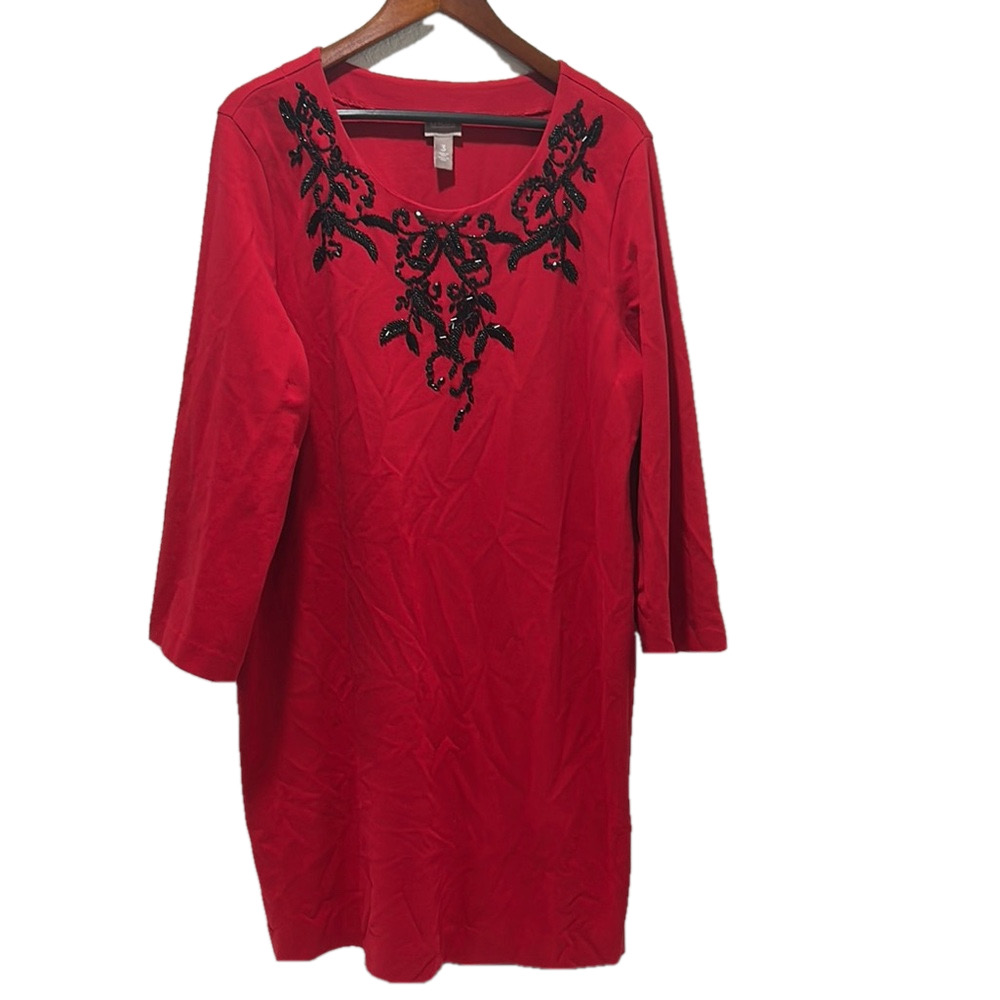 Chico’s Red Dress with Black Embroidery size 3 GUC..